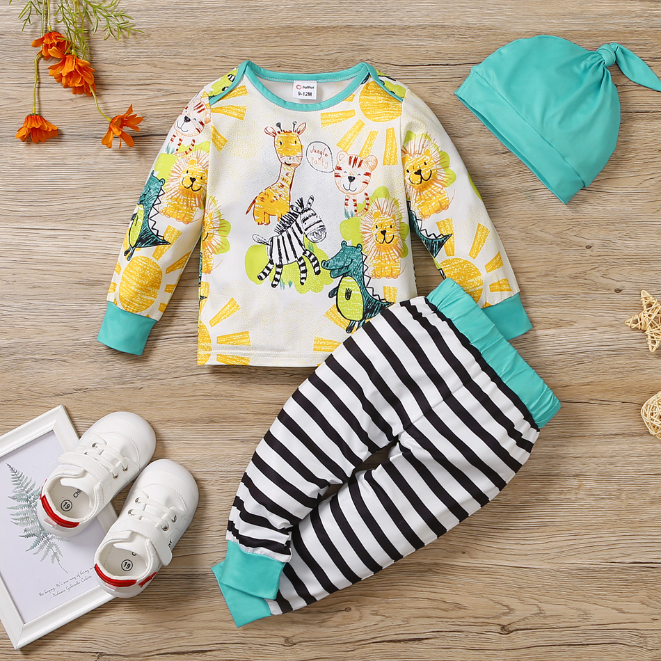 

3pcs Baby All Over Cartoon Animal Print Long-sleeve Pullover and Striped Trousers Set