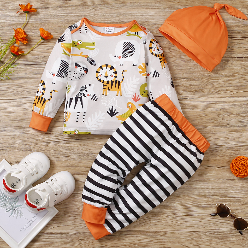 

3pcs Baby All Over Cartoon Animals Print Long-sleeve Pullover and Striped Trousers Set
