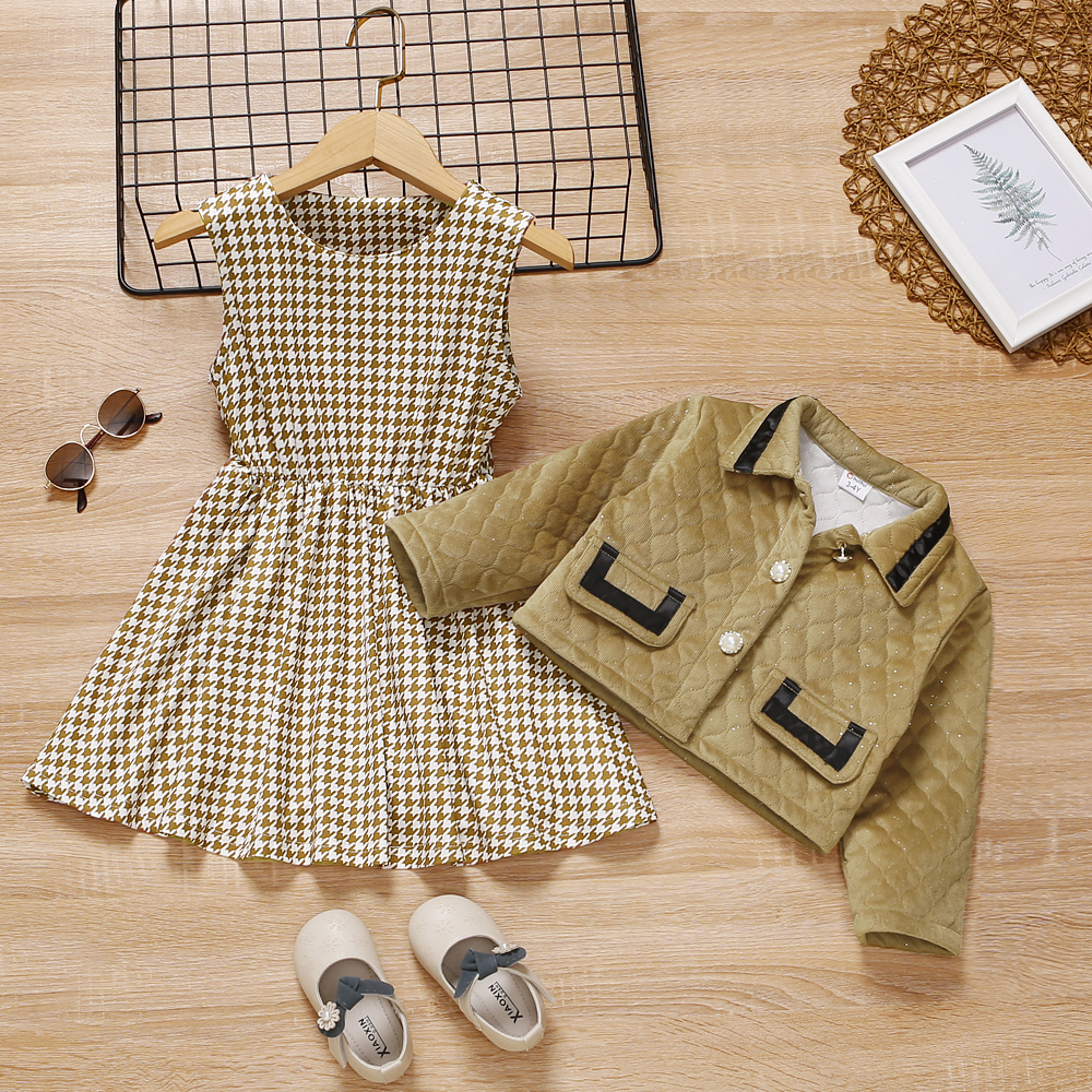 

2-piece Toddler Girl Houndstooth Sleeveless Dress and Lapel Collar Button Design Jacket Set