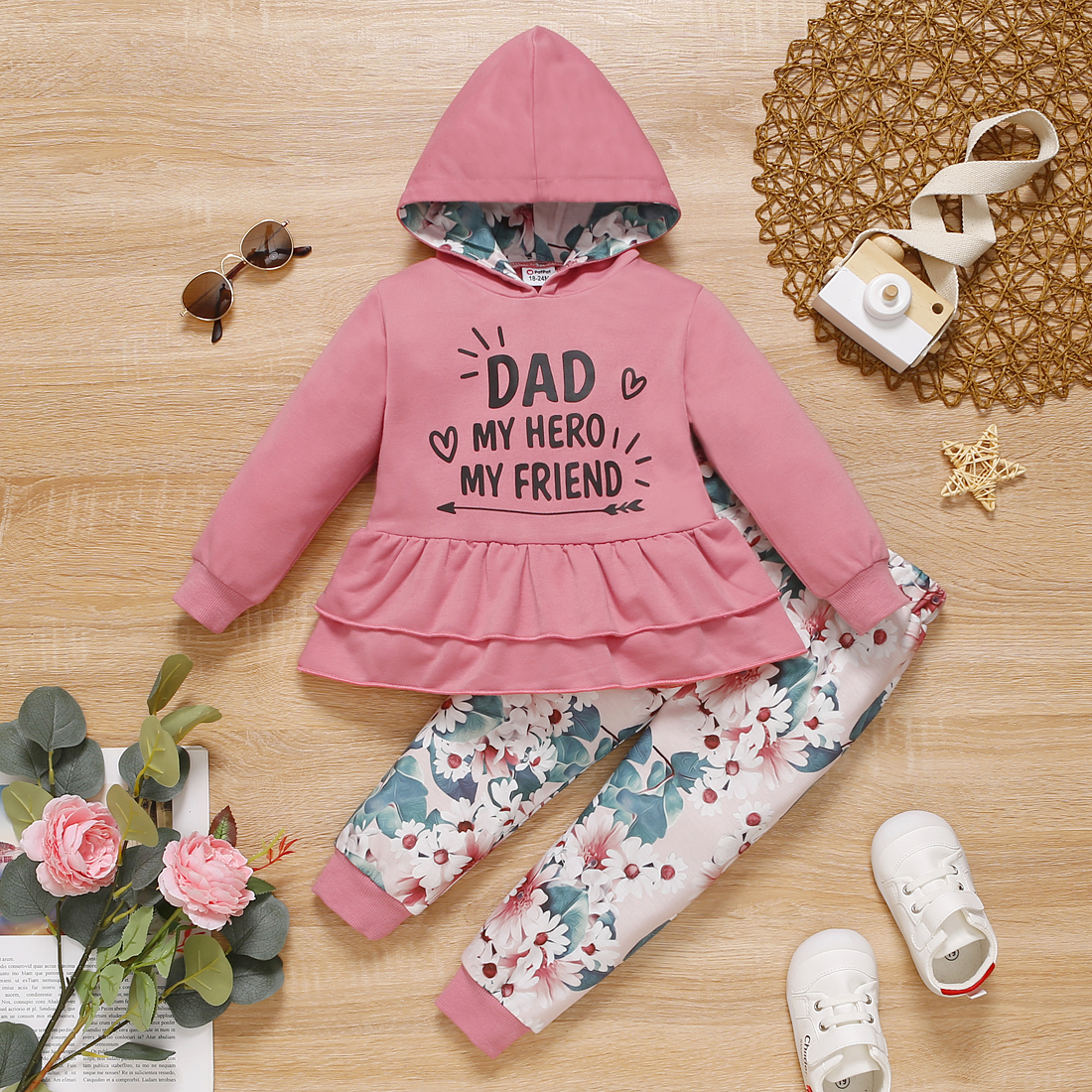 

2-piece Toddler Girl Letter Floral Print Layered Hem Hooded Sweatshirt and Pants Set