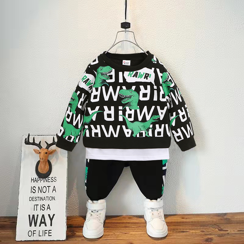 

2-piece Toddler Boy Letter Dinosaur Print Faux-two Sweatshirt and Pants Set