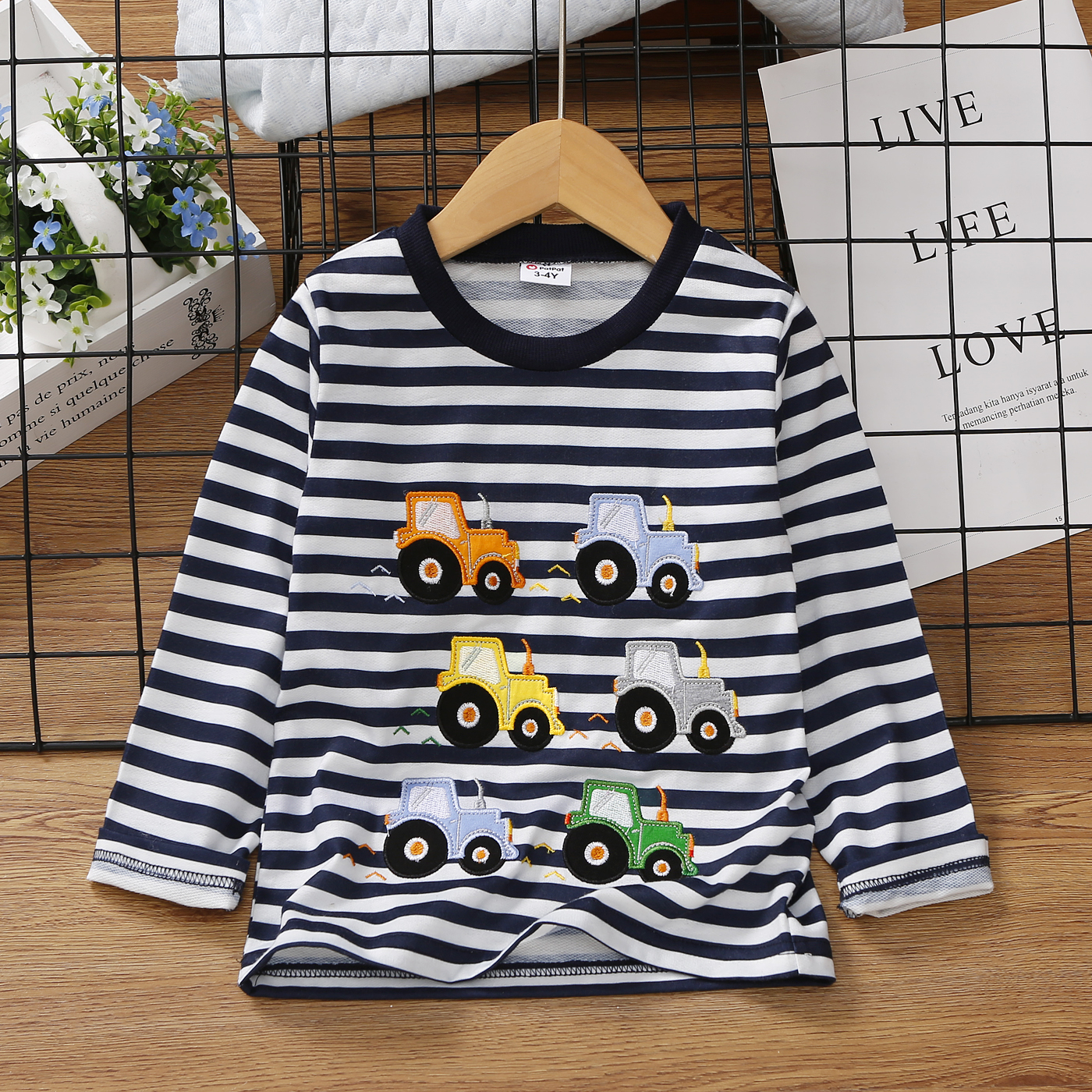

Toddler Boy Vehicle Embroidered Stripe Long-sleeve Tee