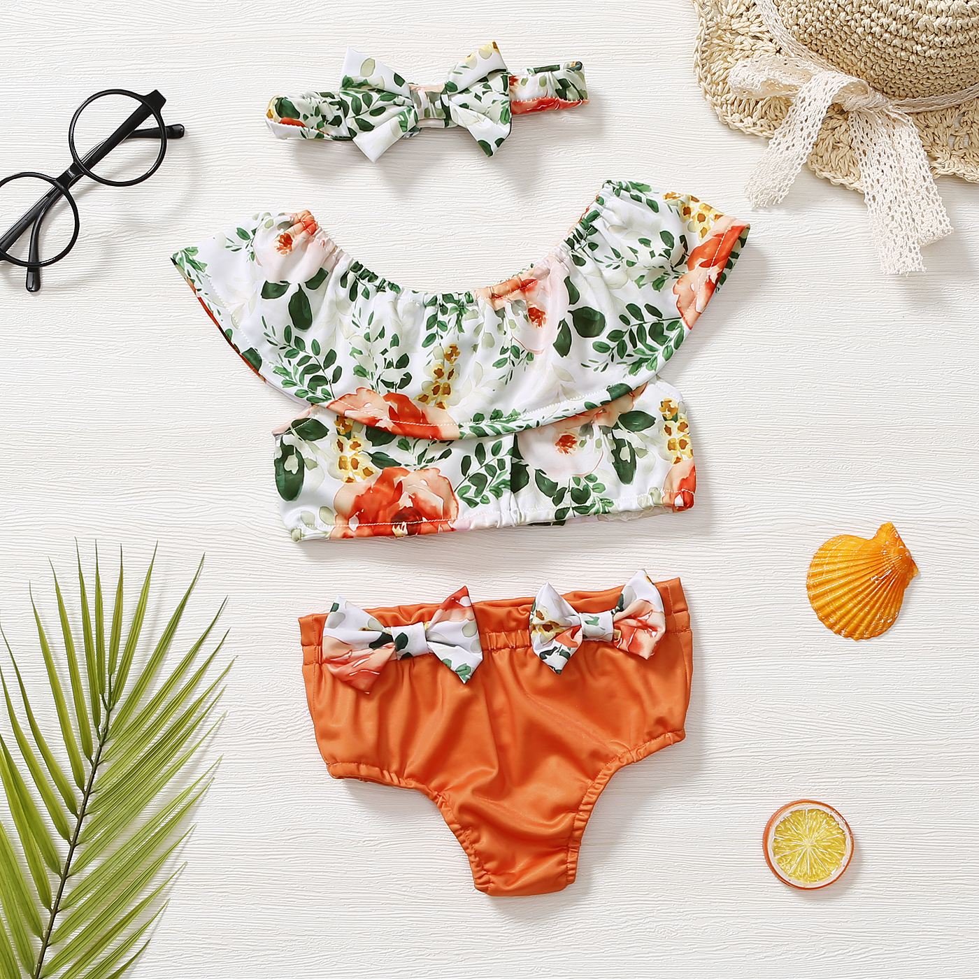 

3pcs Baby Girl Floral Print Ruffle Bowknot Two-Piece Swimsuit with Headband