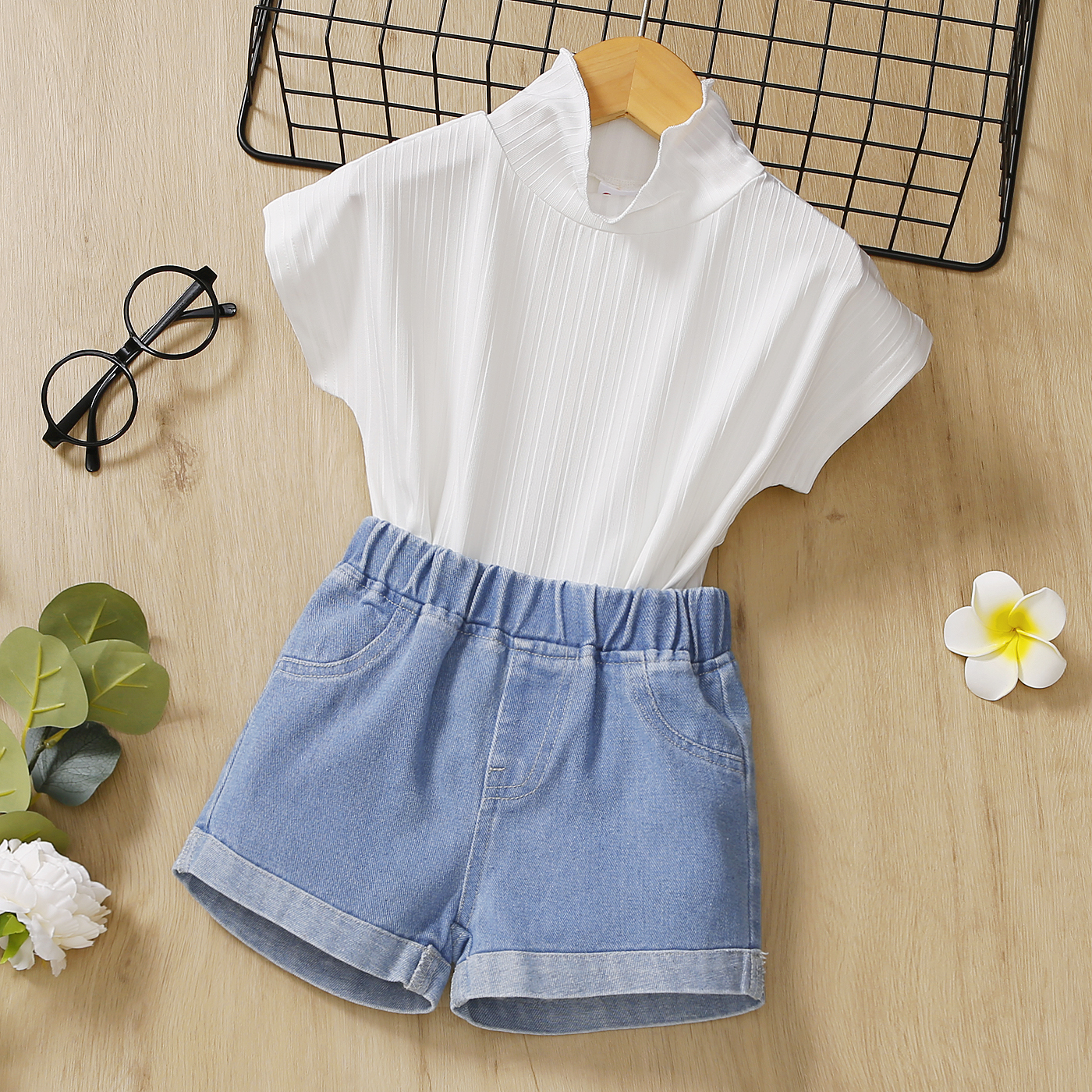 

2-piece Toddler Girl Turtleneck White Tee and Elasticized Denim Shorts Set