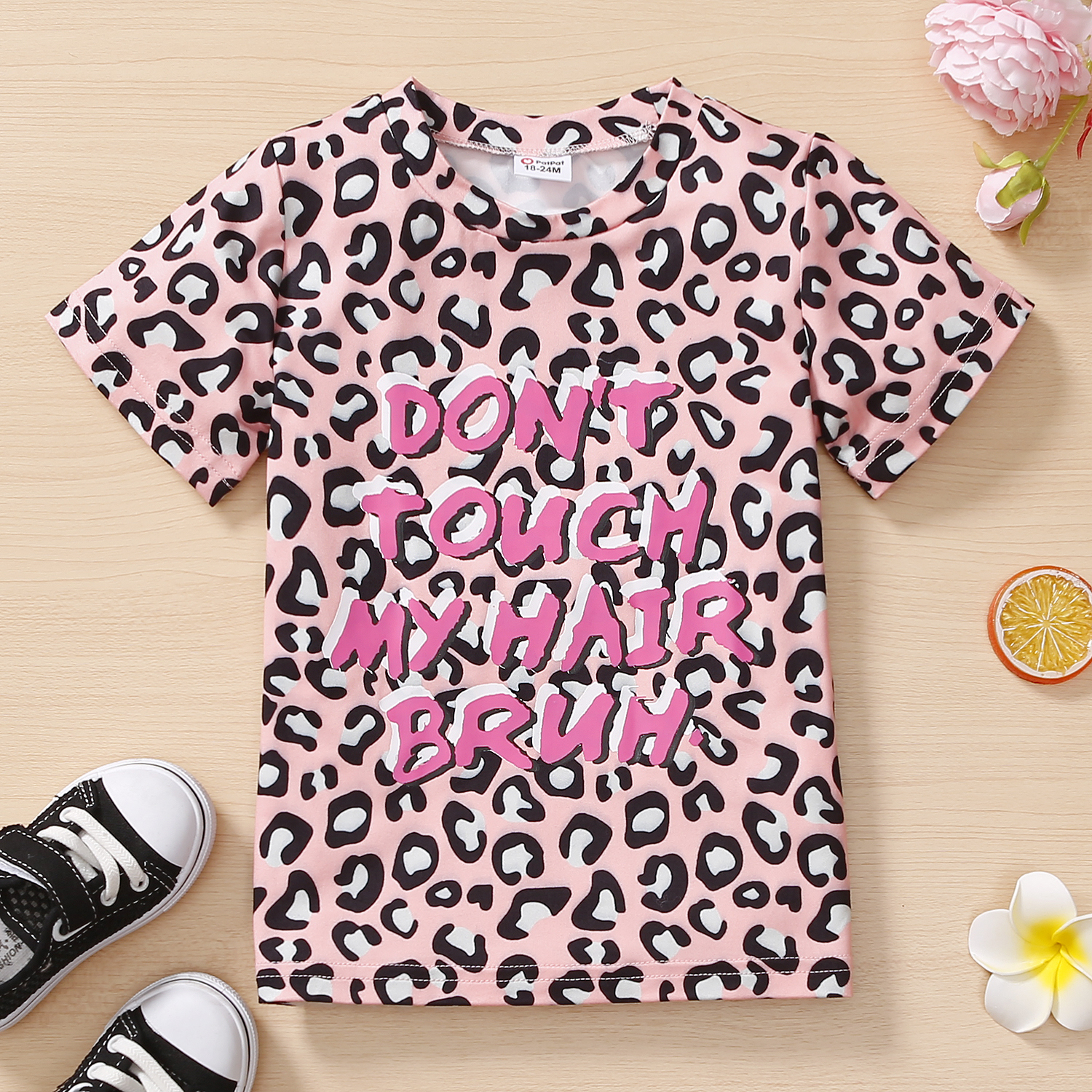 

Toddler Girl Letter Leopard Print Short-sleeve Pink Tee
