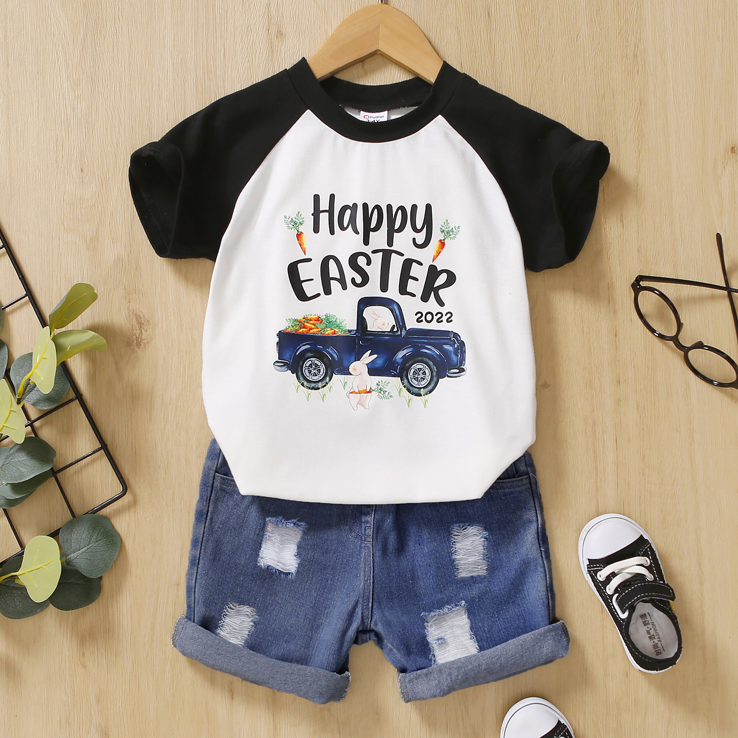 

Easter 2pcs Toddler Boy Ripped Denim Shorts & Letter Vehicle Print Tee Set