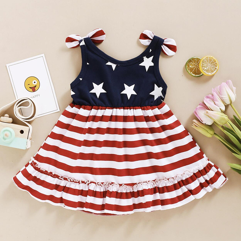 

Independence Day Todddler Girl Bowknot Design Stripe Sleeveless Dress