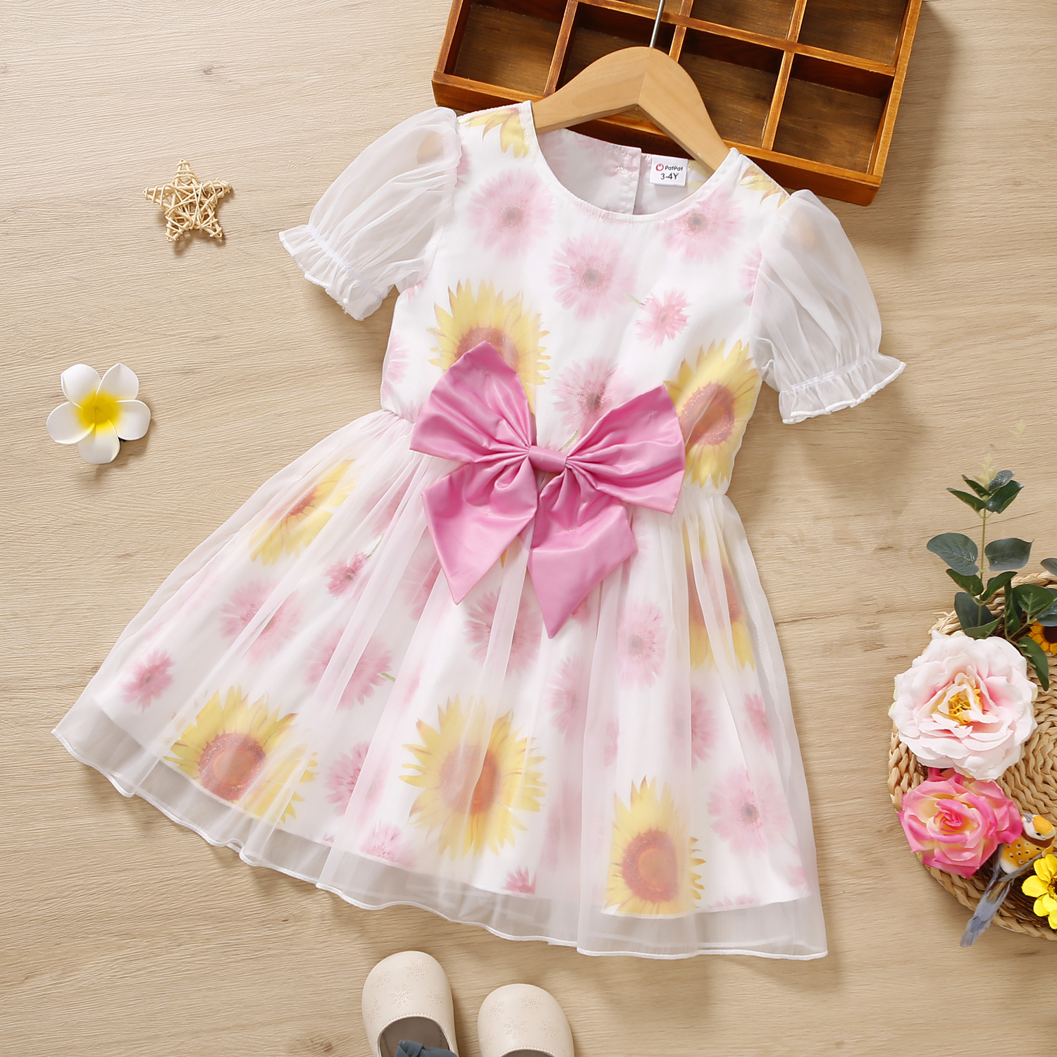 

Toddler Girl Floral Print Bowknot Mesh Design Short-sleeve Dress