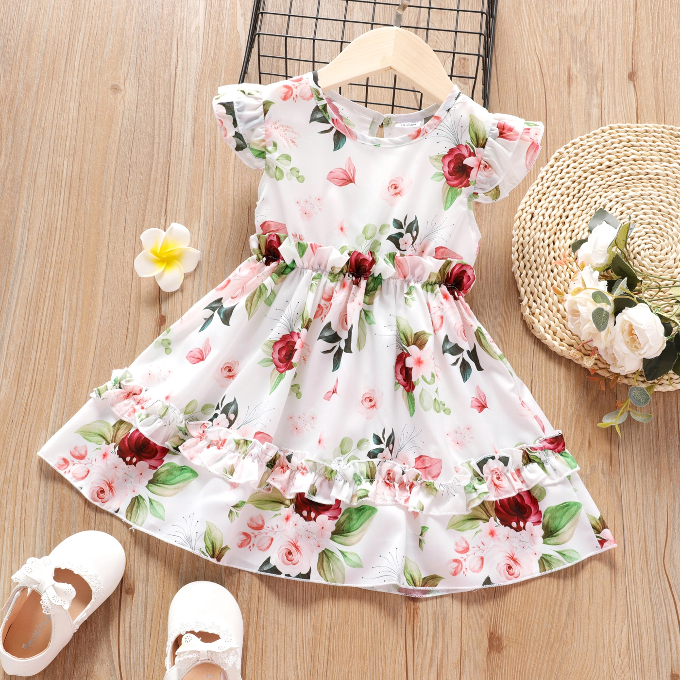

Baby Girl All Over Floral Print Flutter-sleeve Ruffle Chiffon Dress