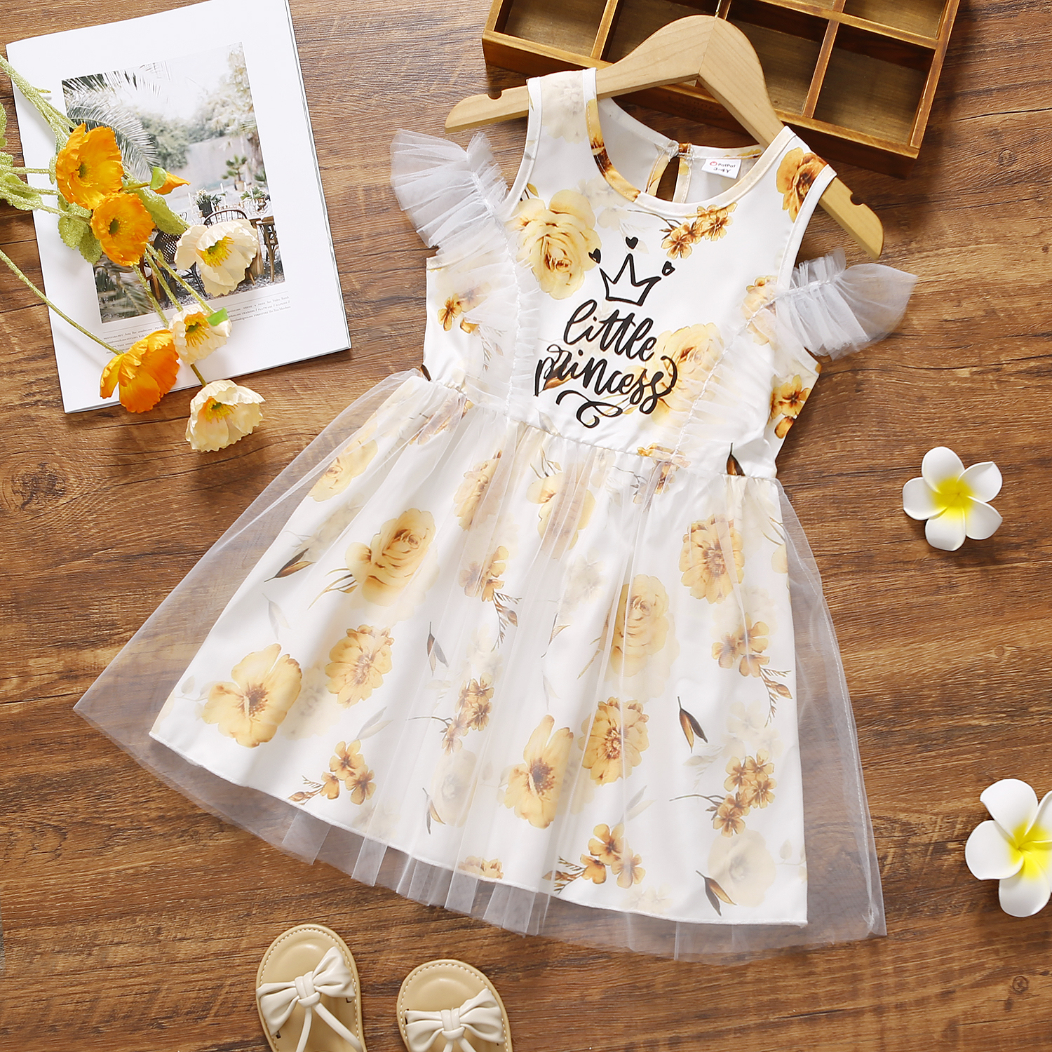 

Toddler Girl Floral Letter Print Sleeveless Ruffled Mesh Design Dress