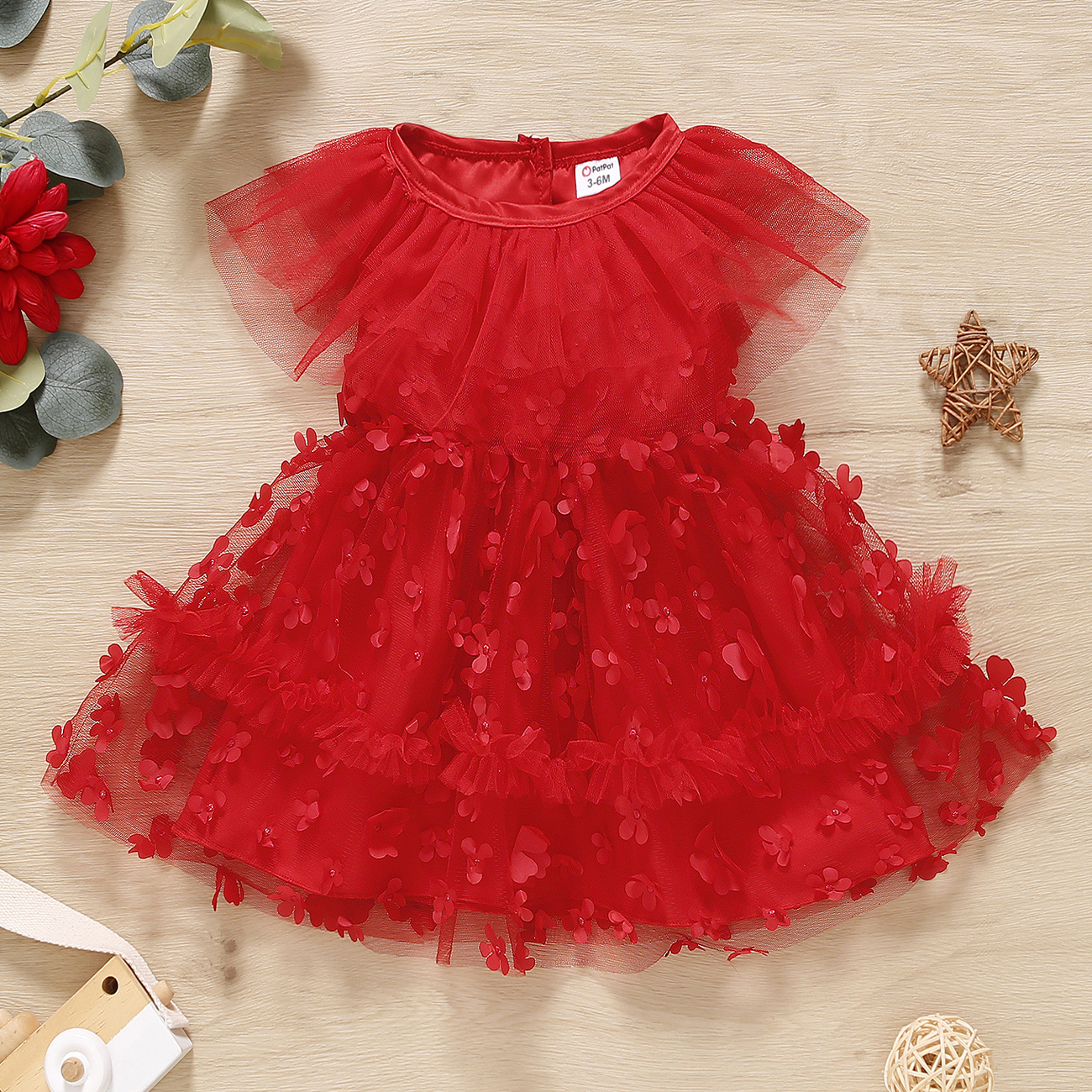 

Baby Girl Sleeveless Red 3D Floral Mesh Dress