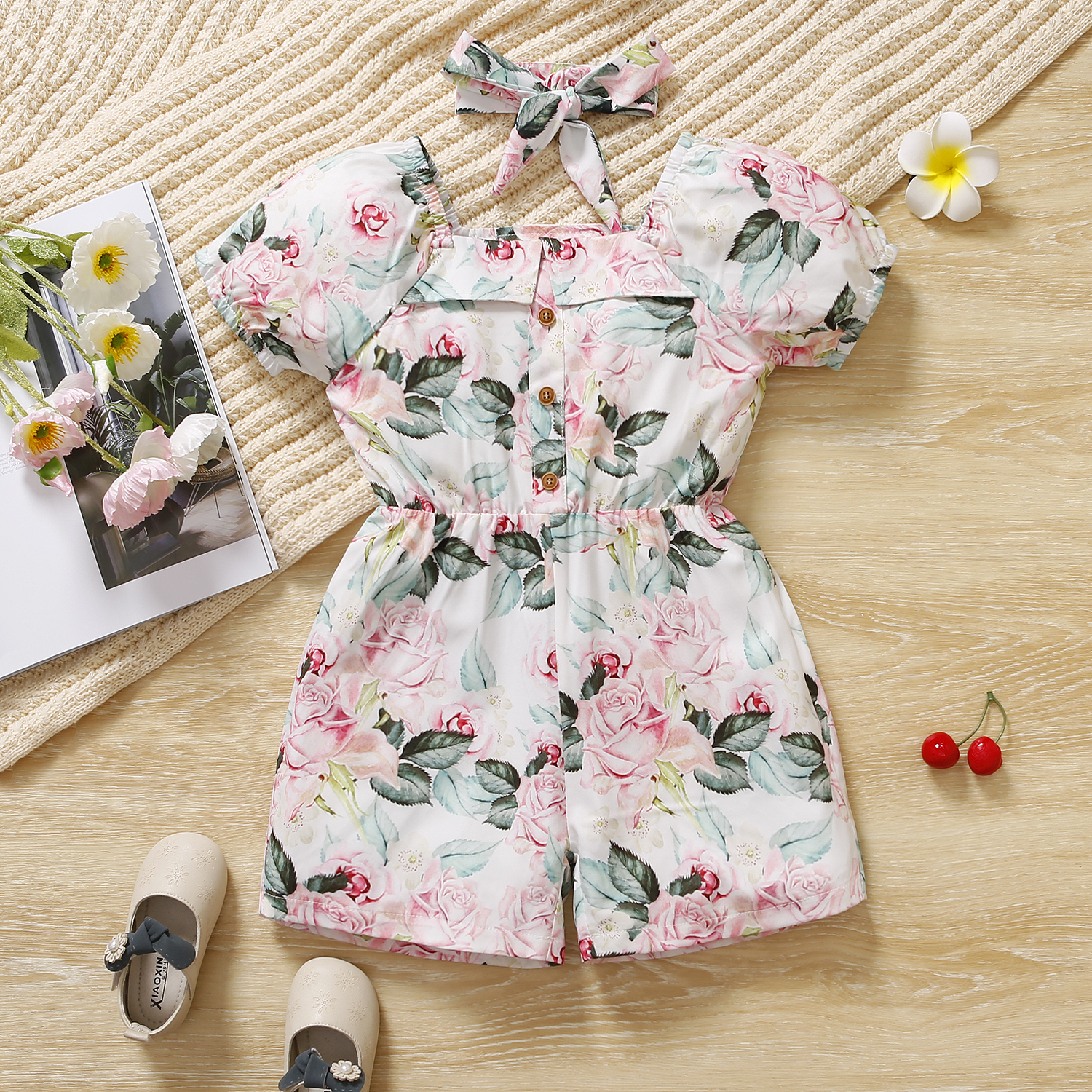 

Toddler Girl Floral Print Square Neck Short Puff-sleeve Rompers
