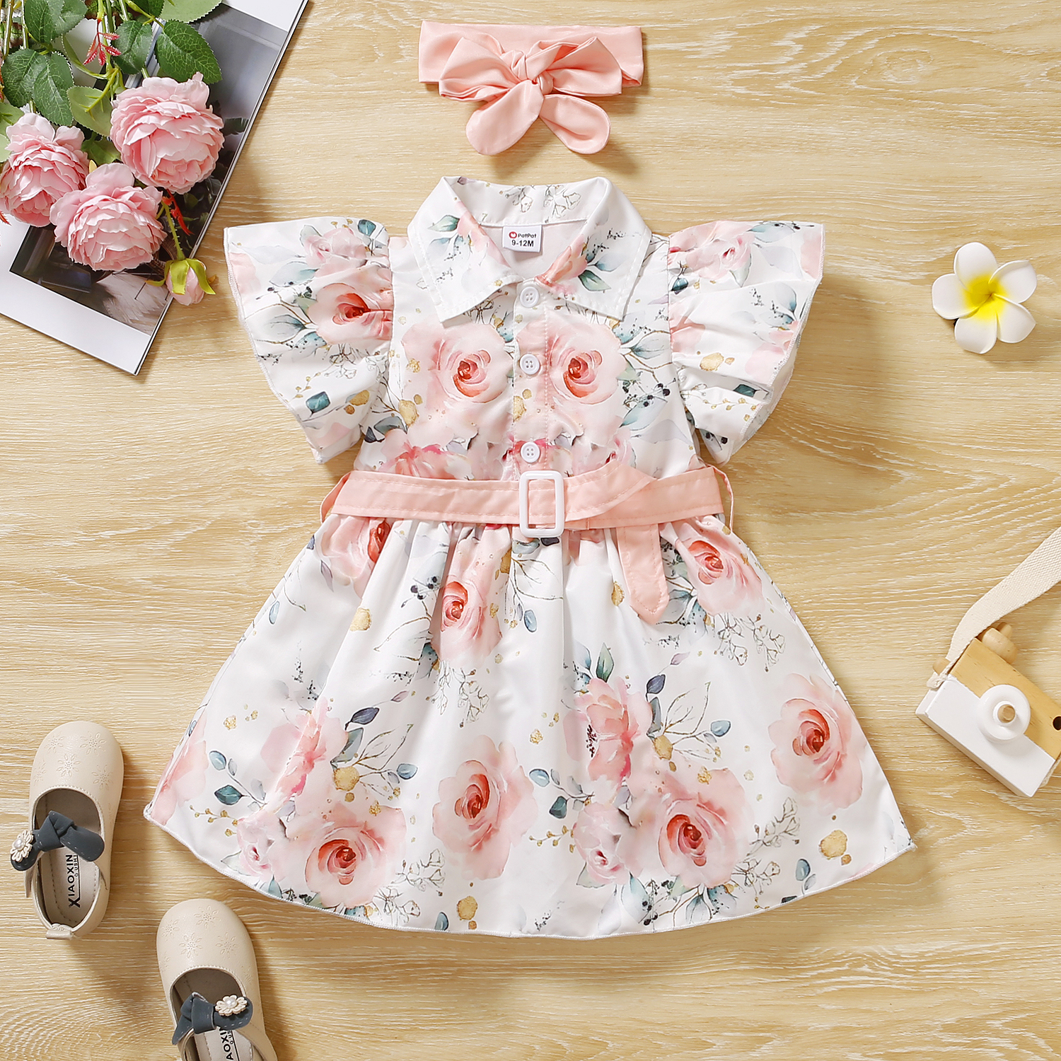

2pcs Baby Girl All Over Pink Floral Print Short-sleeve Belted Button Up Dress with Headband Set