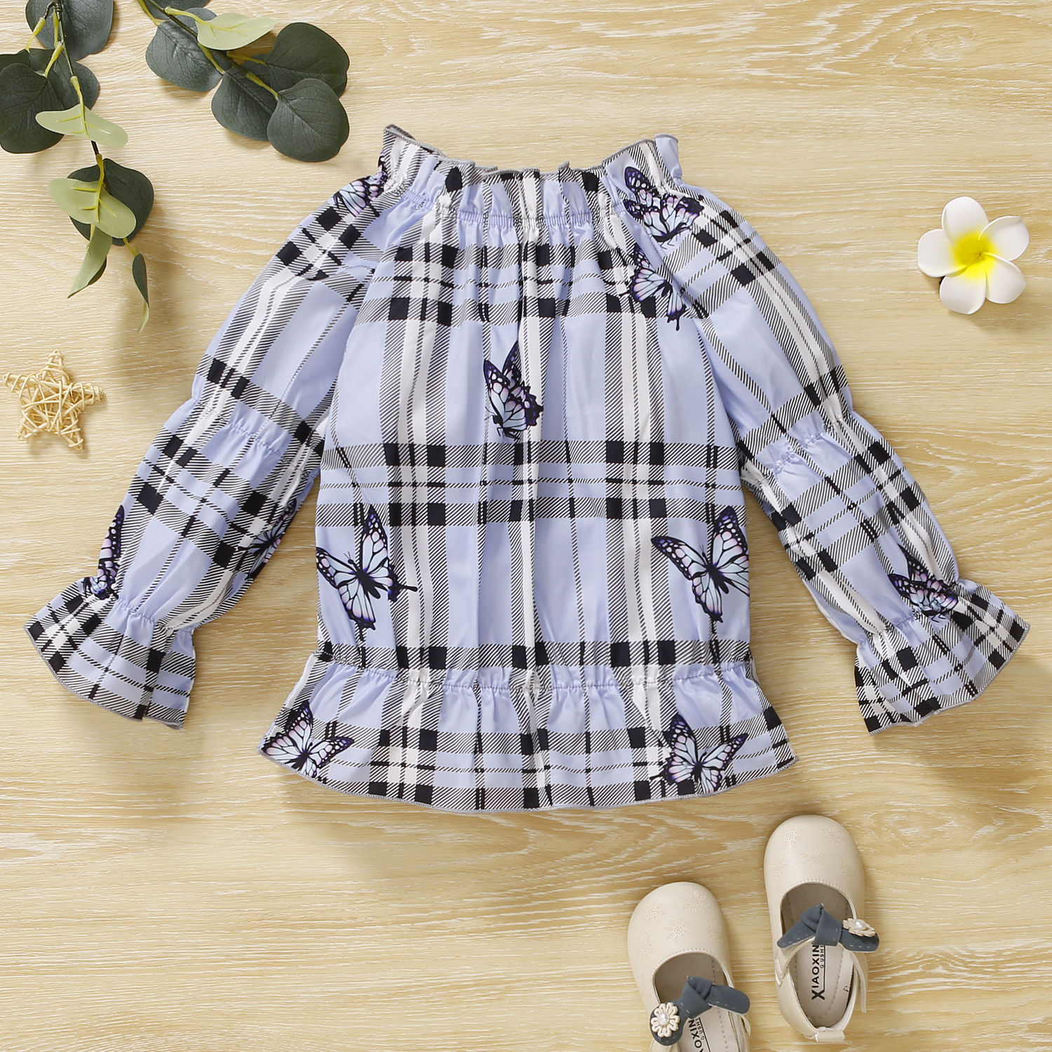 

Toddler Girl Butterfly Print Plaid Ruffled Long-sleeve Blouse