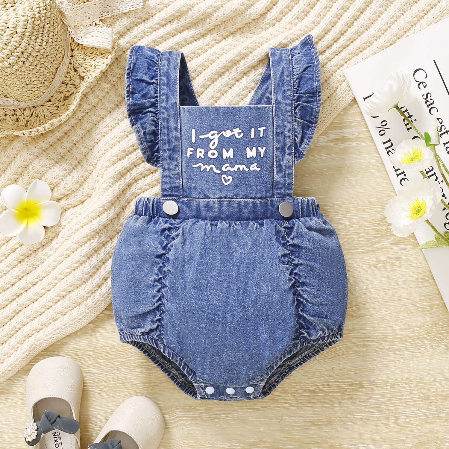 

Baby Girl Letter Print Ruffle Trim Sleeveless Denim Romper