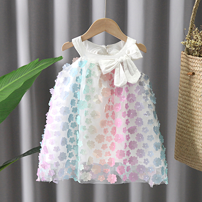 

Toddler Girl Vivid Floral Embroidery Bowknot Decor Sleeveless Tulle Dress
