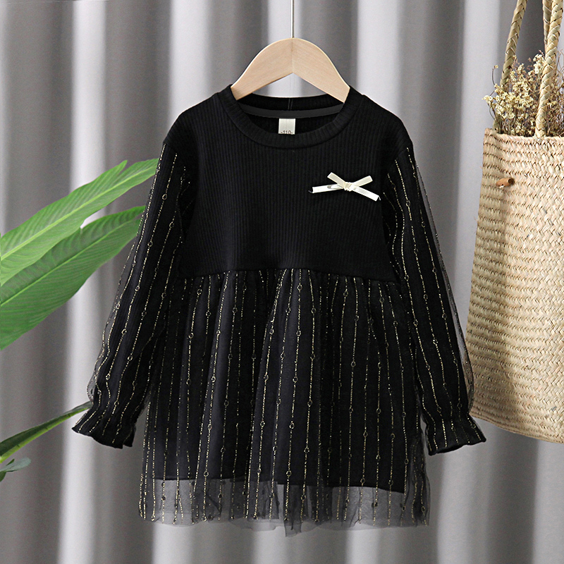 

Toddler Girl Bowknot Design Ribbed Glitter Long Ruffle-sleeve Mesh Tulle Dress