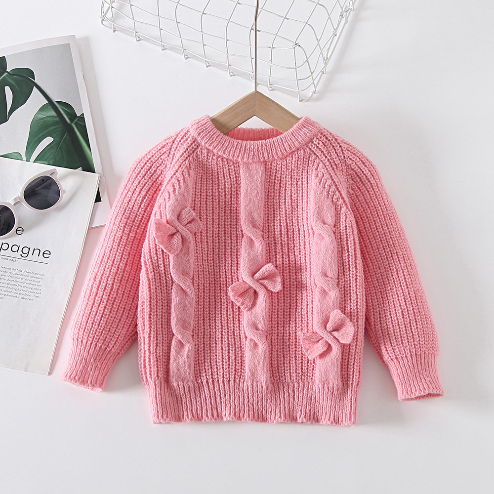 

Toddler Girl Bowknot Design Cable Knit Pink Sweater