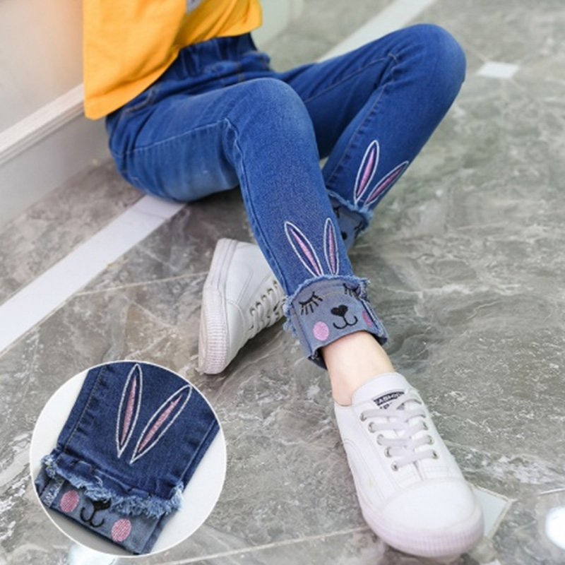 

Toddler Girl Cute Rabbit Embroidered Blue Denim Jeans