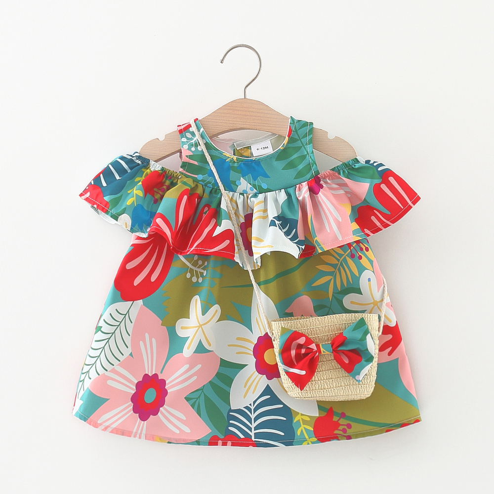 

2pcs Baby Girl All Over Floral Print Cold Shoulder Ruffle Sleeveless Dress with Straw Shoulder Bag Set