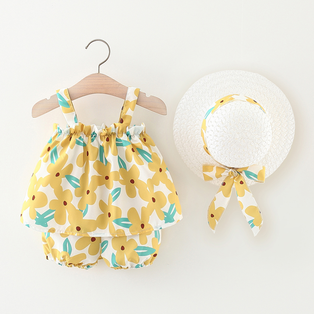 

3pcs Baby Girl Allover Floral Print Cami Top and Shorts with Straw Hat Set