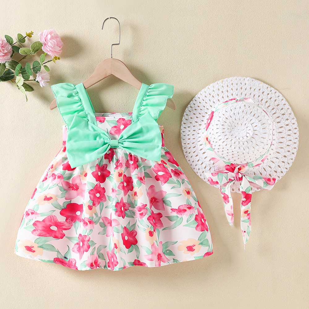 

2pcs Baby Girl Allover Floral Print Bow Front Ruffle Trim Tank Dress with Hat Set