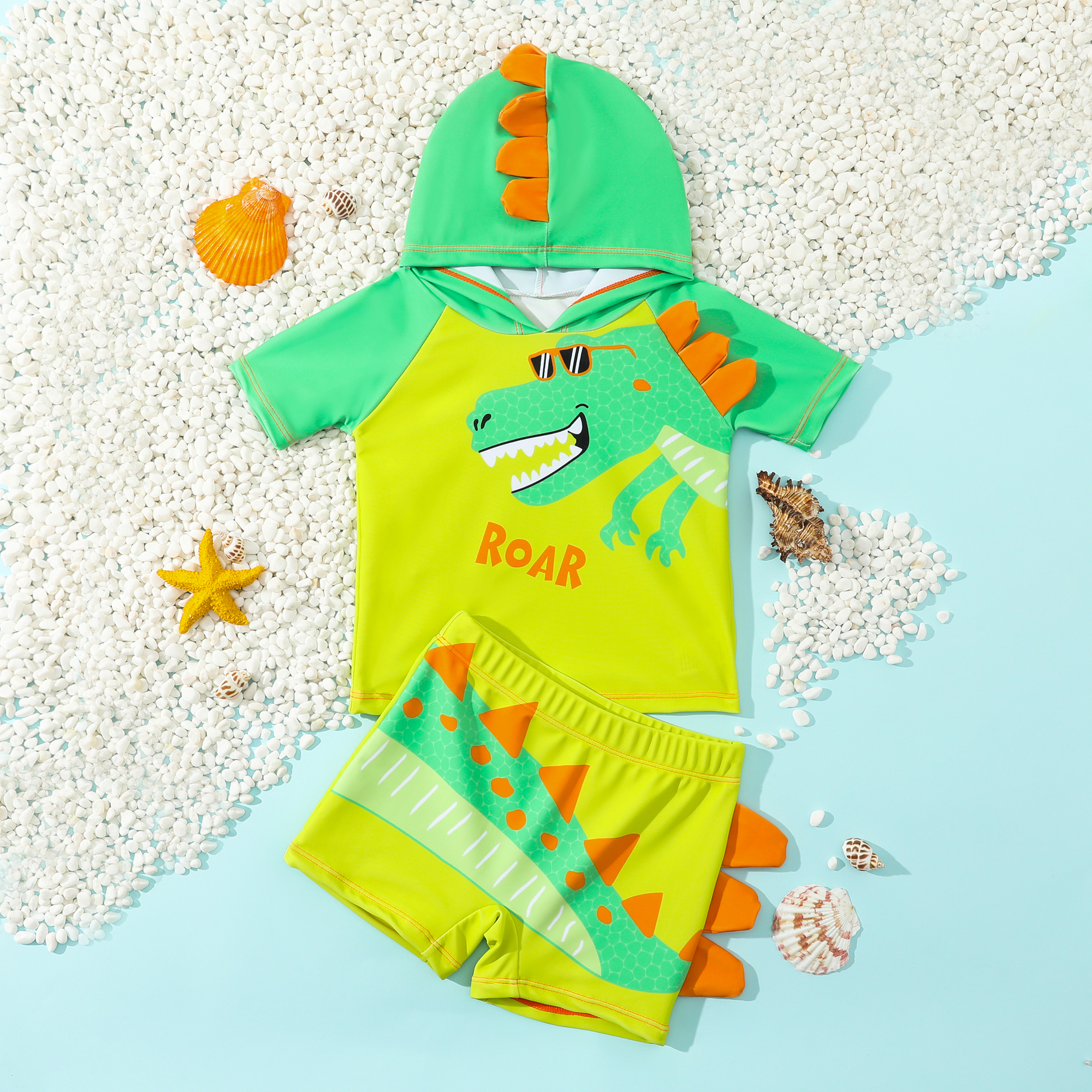 

2pcs Toddler Boy Dinosaur Print Hooded Top and Shorts Swimsuit Set