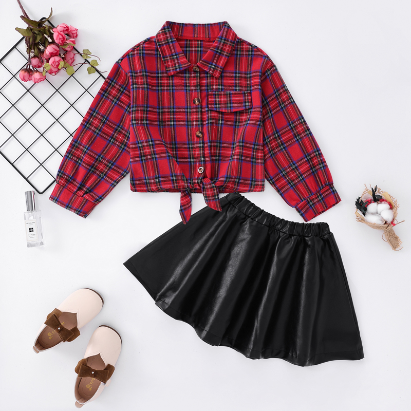 

2-piece Kid Girl Christmas Red Plaid Long-sleeve Shirt and Leather Skirt Set