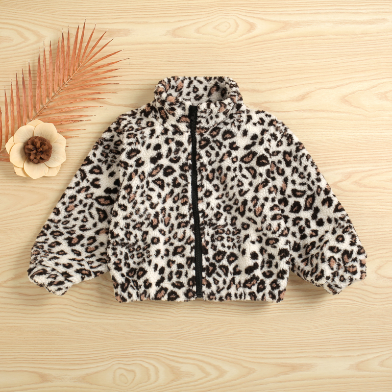 

Kid Girl Stand Collar Leopard Print Zipper Fuzzy Coat