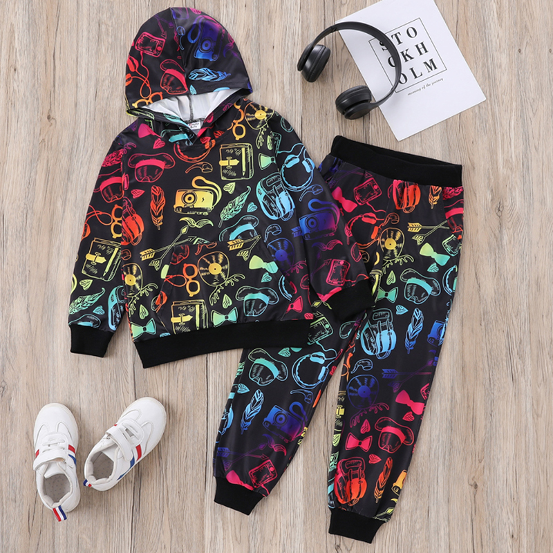 

2-piece Kid Boy Allover Print Hoodie Sweatshirt and Pants Set