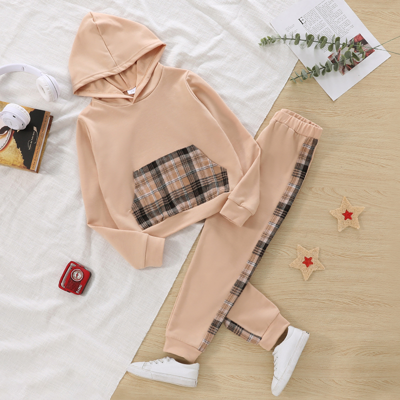 

2-piece Kid Girl Plaid Pocket Design Hoodie Sweatshirt and Pants Set