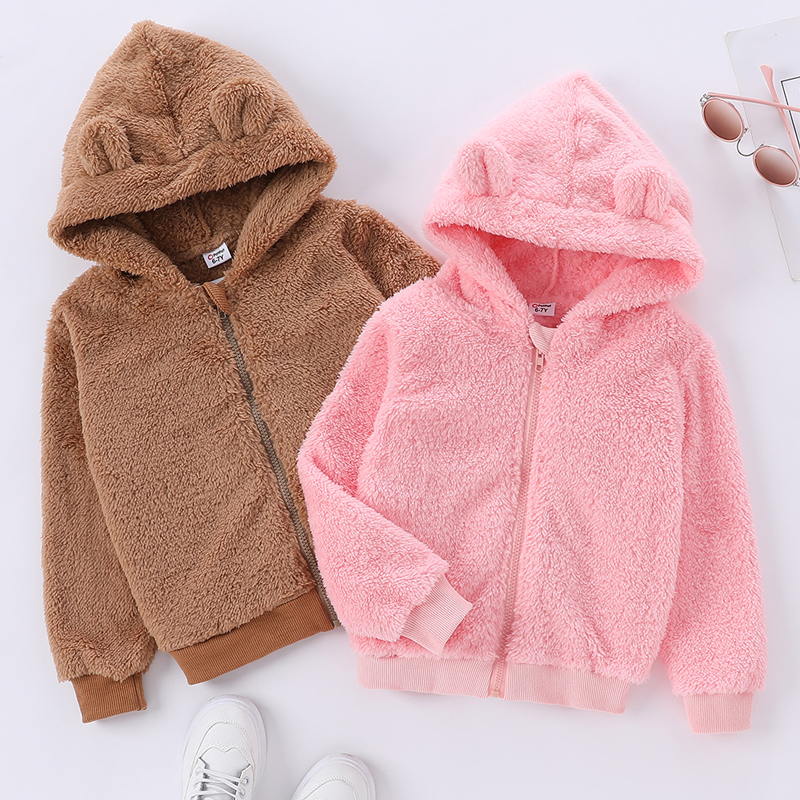 

Kid Girl Ear Design Zipper Solid Fuzzy Coat