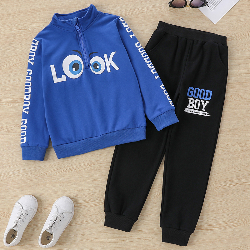 

2-piece Kid Boy Letter Eyes Print Zipper Stand Collar Sweatshirt and Pants Set