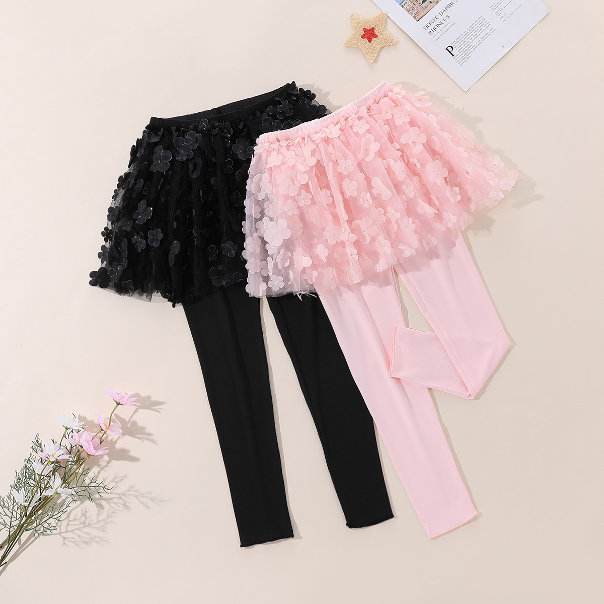 

Fashionable Kid Girl Solid Floral 3D Decor Elasticized Skirt Leggings