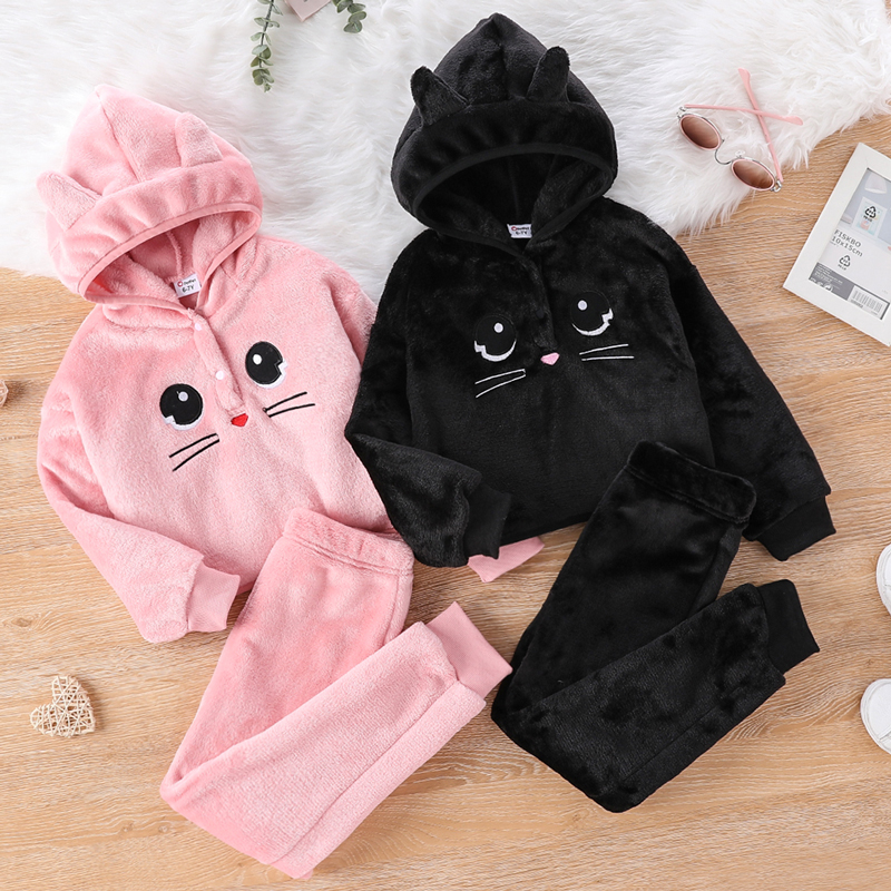 

2-piece Kid Girl Cat Embroidered Button Design Fuzzy Hooded Sweatshirt and Solid Pants Set