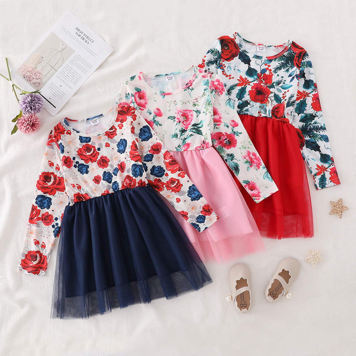 

Kid Girl Floral Print Round-collar Mesh Design Long-sleeve Splice Dress