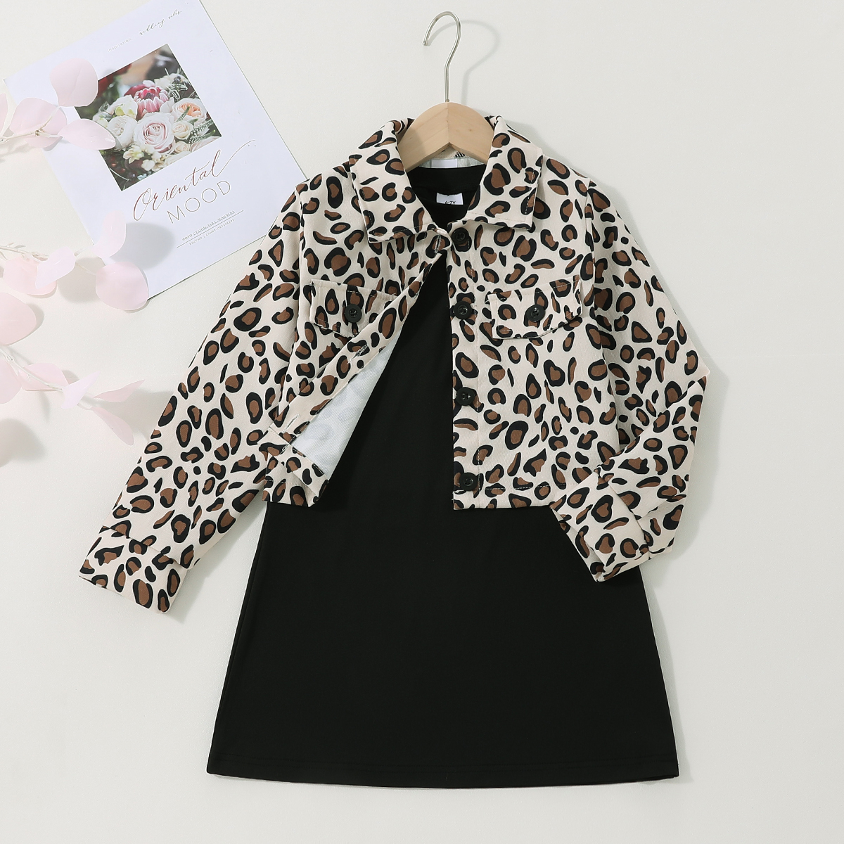 

2-piece Kid Girl Long-sleeve Black Dress and Leopard Print Jacket Set