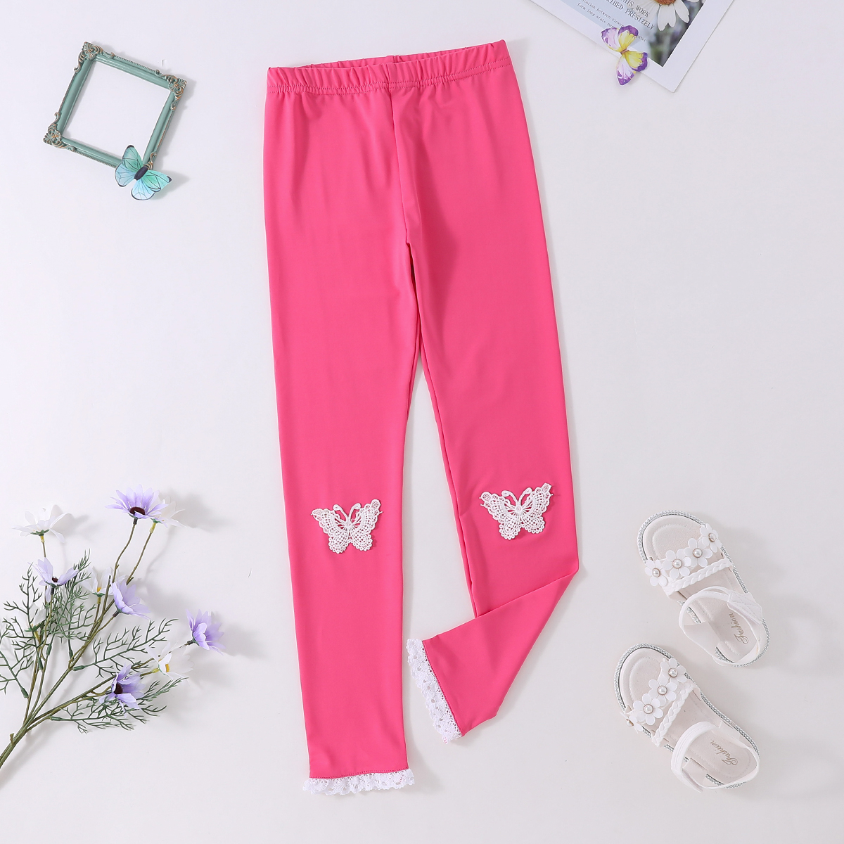 

Kid Girl Butterfly Embroidered Lace Design Elasticized Leggings