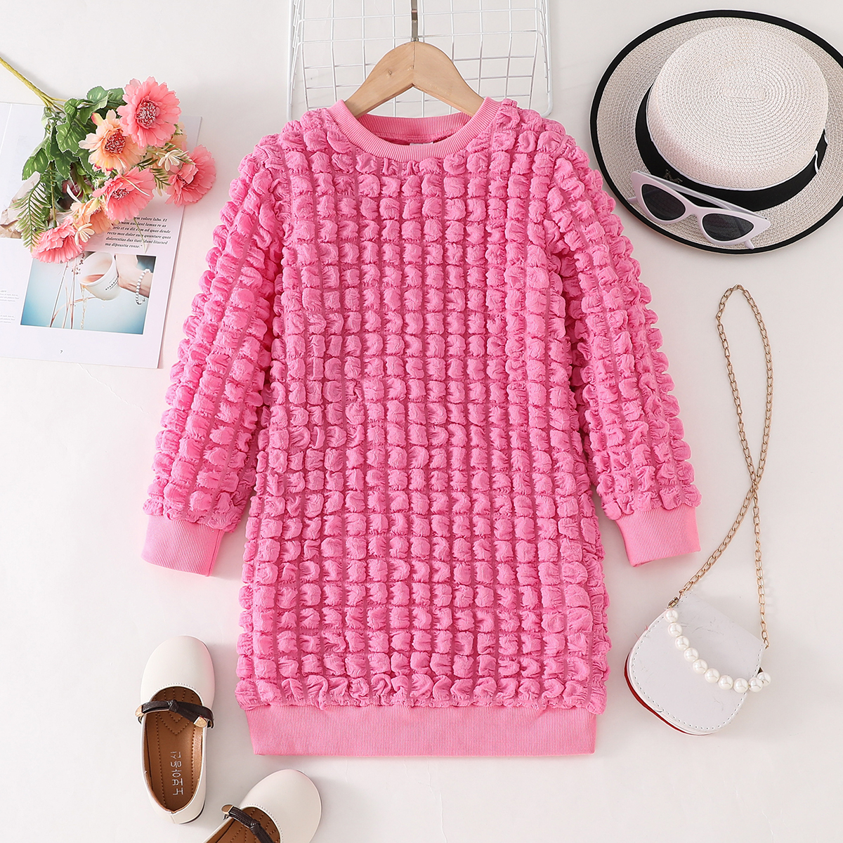 

Kid Girl Sweet Textured Long-sleeve Pink Dress