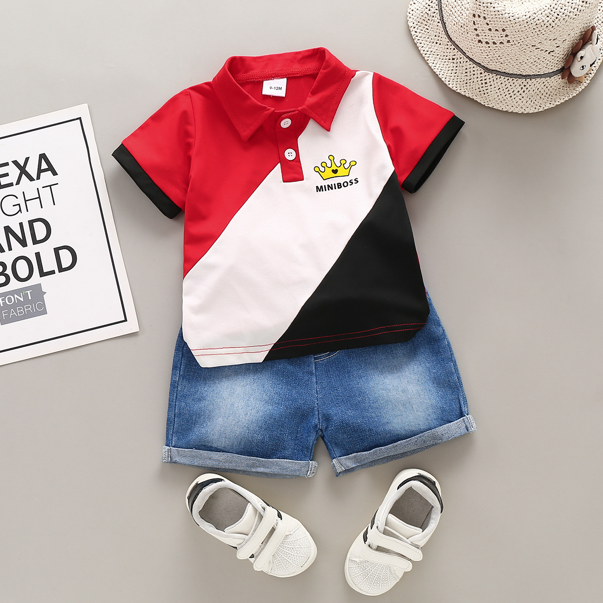 

2pcs Baby Boy Colorblock Short-sleeve Polo Shirt and Denim Shorts Set