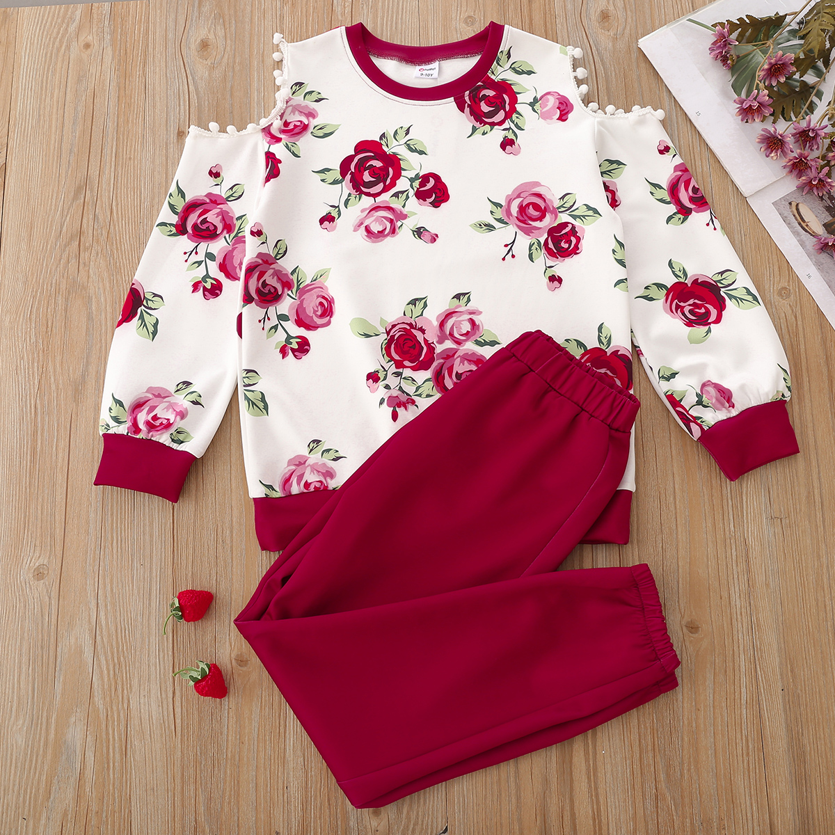

2-piece Kid Girl Floral Print Pompom Cold Shoulder Pullover and Red Pants Set