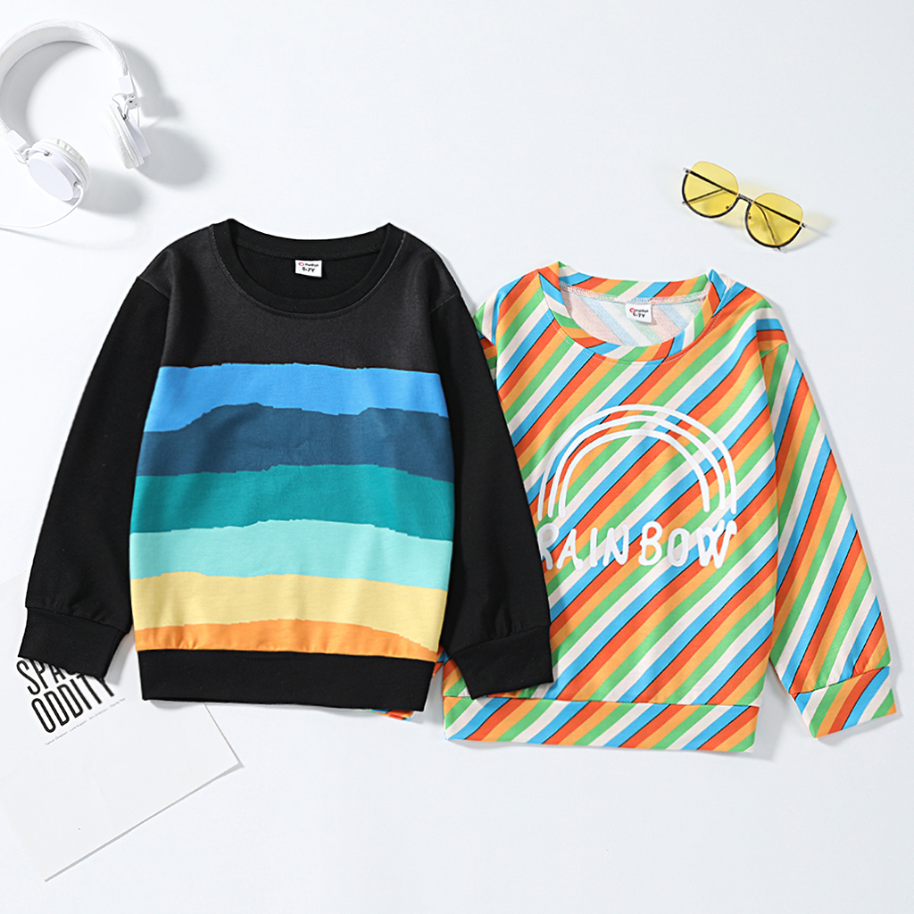 

Kid Girl Colorful Stripe/Letter Rainbow Print Pullover Sweatshirt