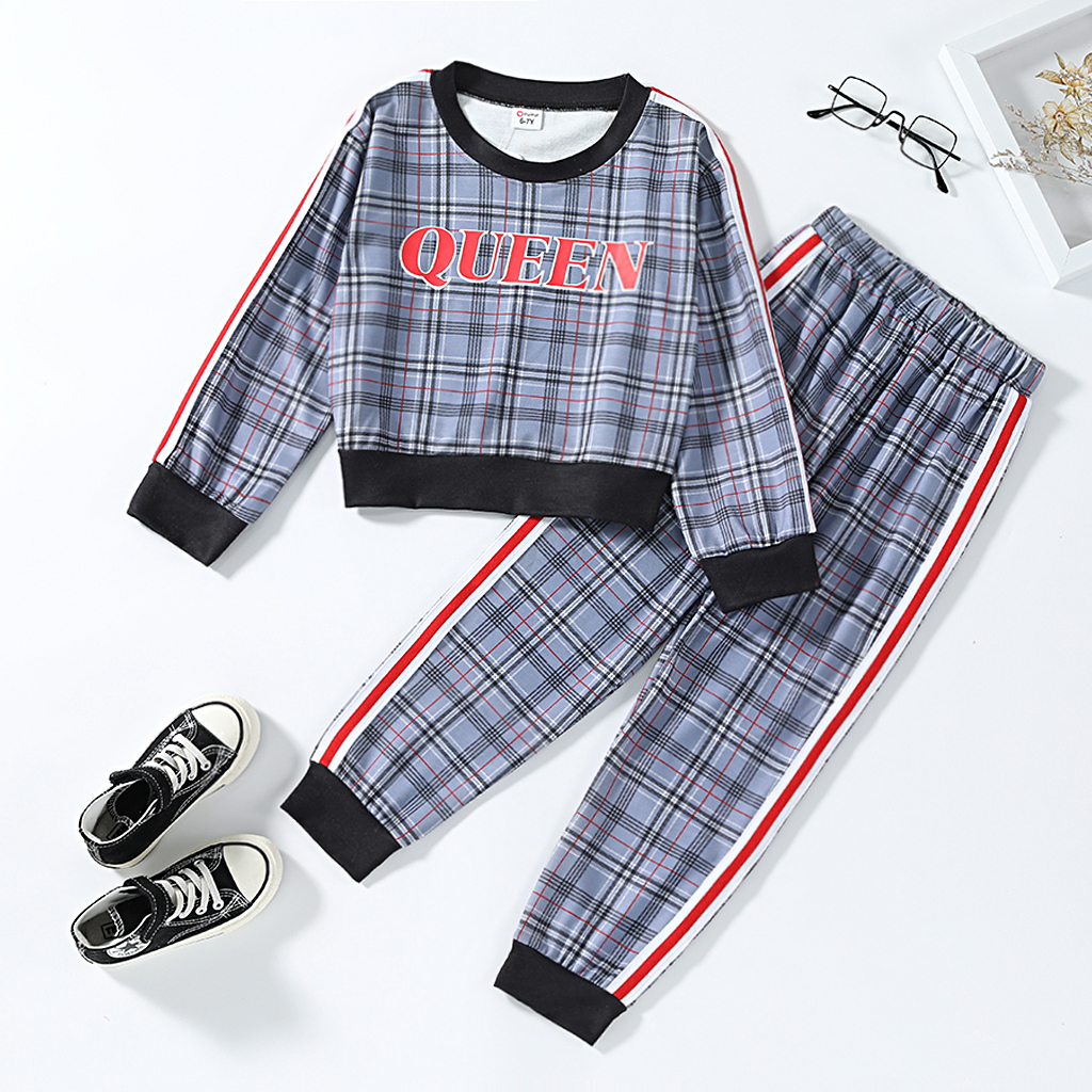 

2-piece Kid Girl Letter Print Plaid Striped Pullover and Elasticized Pants Set