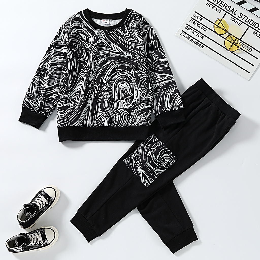 

2-piece Kid Boy Allover Print Pullover and Elasticized Pocket Print Pants Casual Set