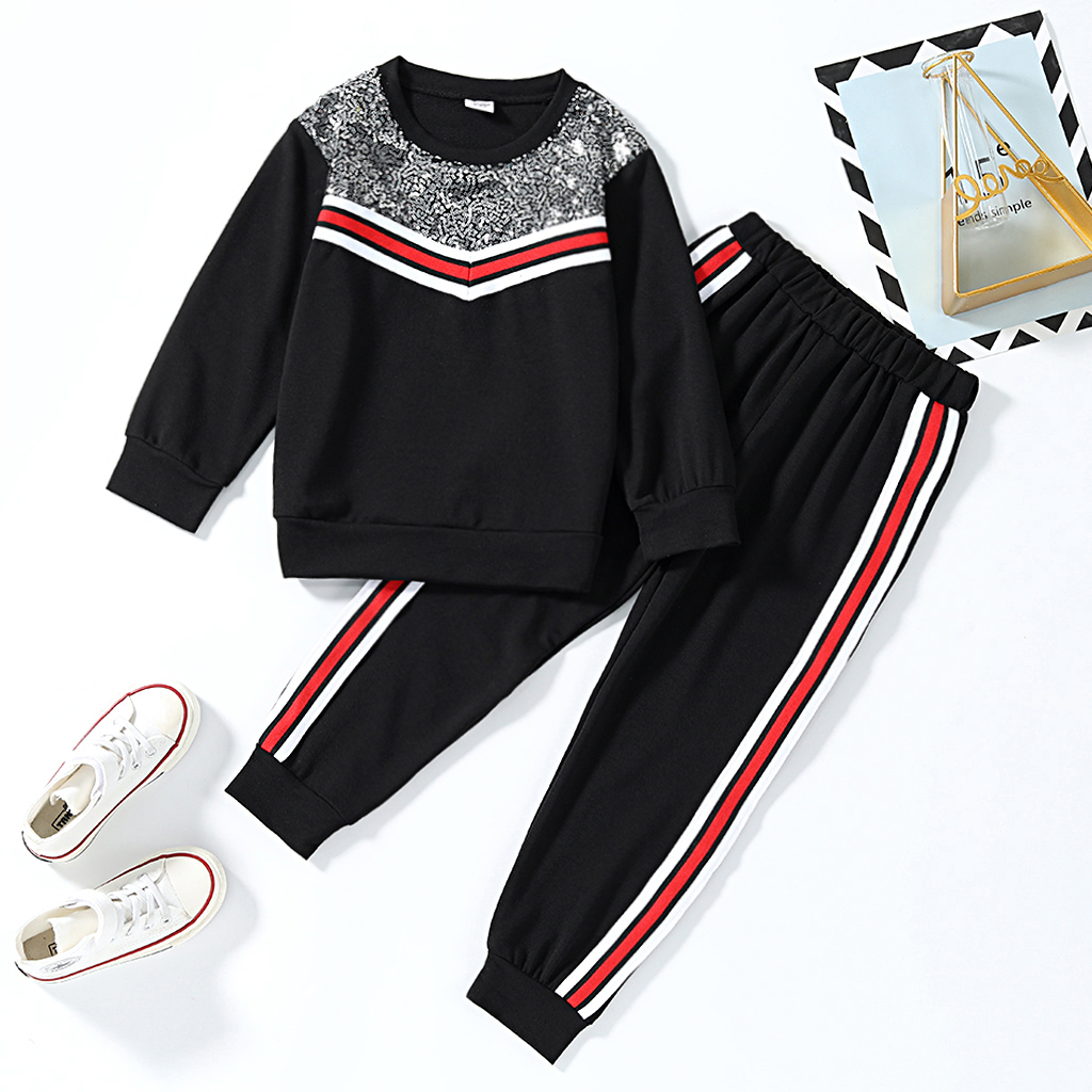 

2-piece Kid Girl Sequined Stripe Pullover and Elasticized Pants Casual Set