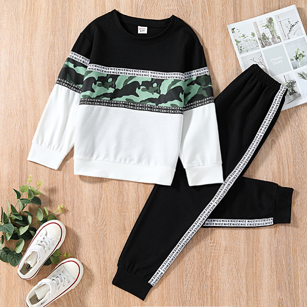 

2-piece Kid Boy Letter Camouflage Print Colorblock Pullover Sweatshirt and Pants Set