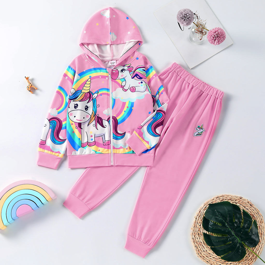 

2-piece Kid Girl Rainbow Unicorn Print Zipper Hoodie Sweatshirt and Pants Set