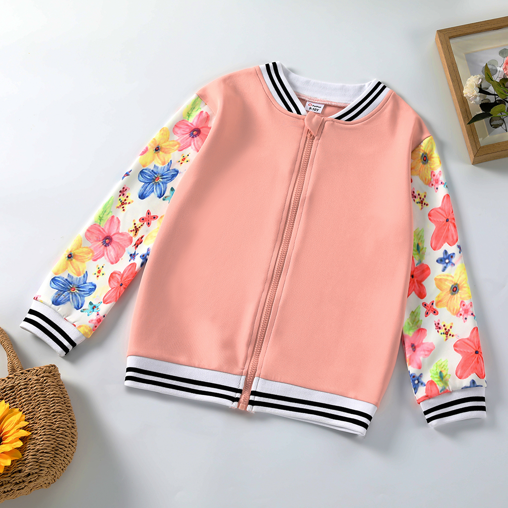 

Kid Girl Floral Print Striped Zipper Bomber Jacket