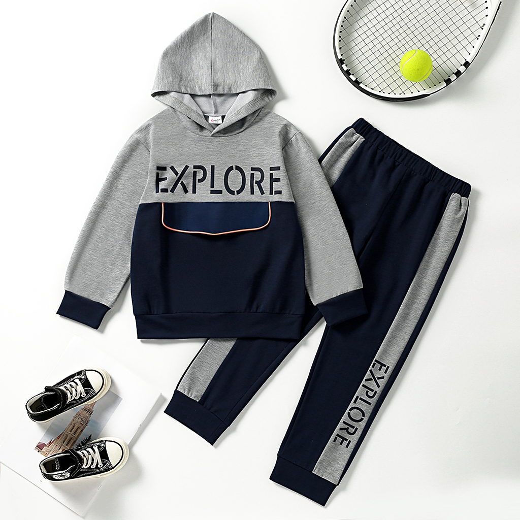 

2-piece Kid Boy Letter Print Colorblock Hoodie Sweatshirt and Pants Set