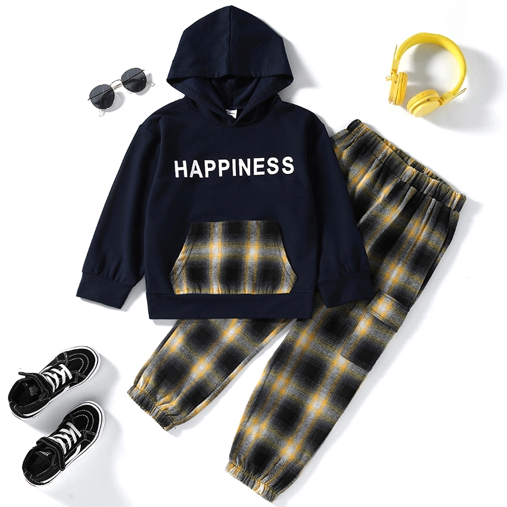

2-piece Kid Boy Letter Print Plaid Pocket Design Hoodie Sweatshirt and Pants Set